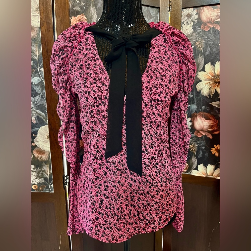 Top shop Rebecca Taylor Pink Floral Puff-Sleeve Blouse with Black Tie Bow Size S